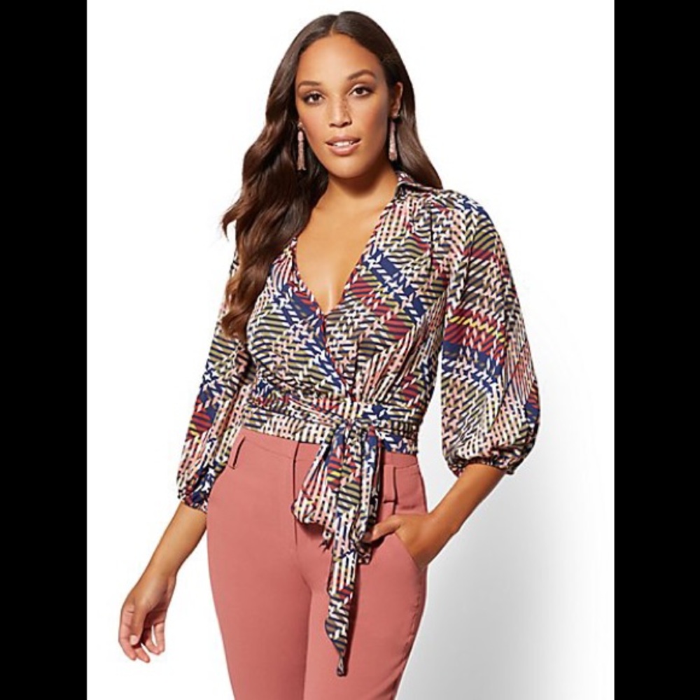 New York & Co. 7th Ave - Print Belted Wrap Blouse